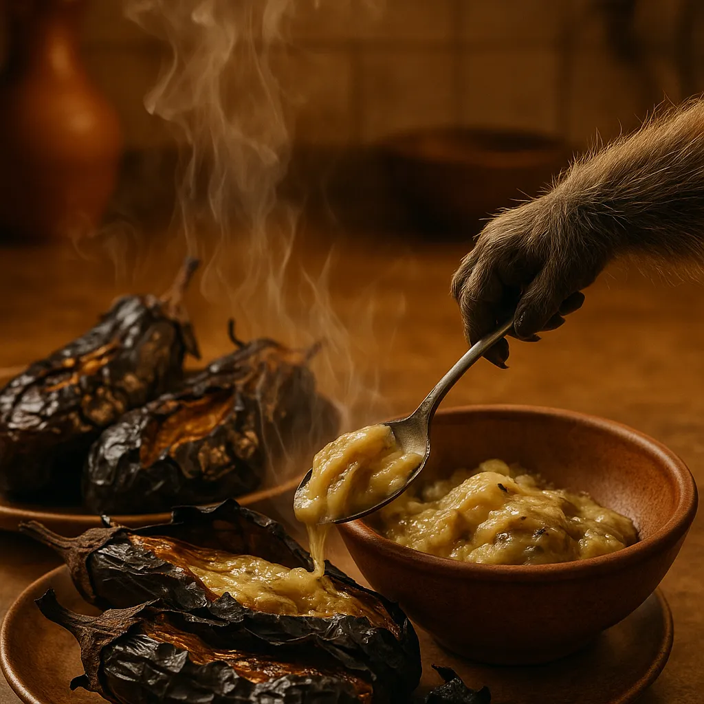 Process shot of scooping roasted eggplant