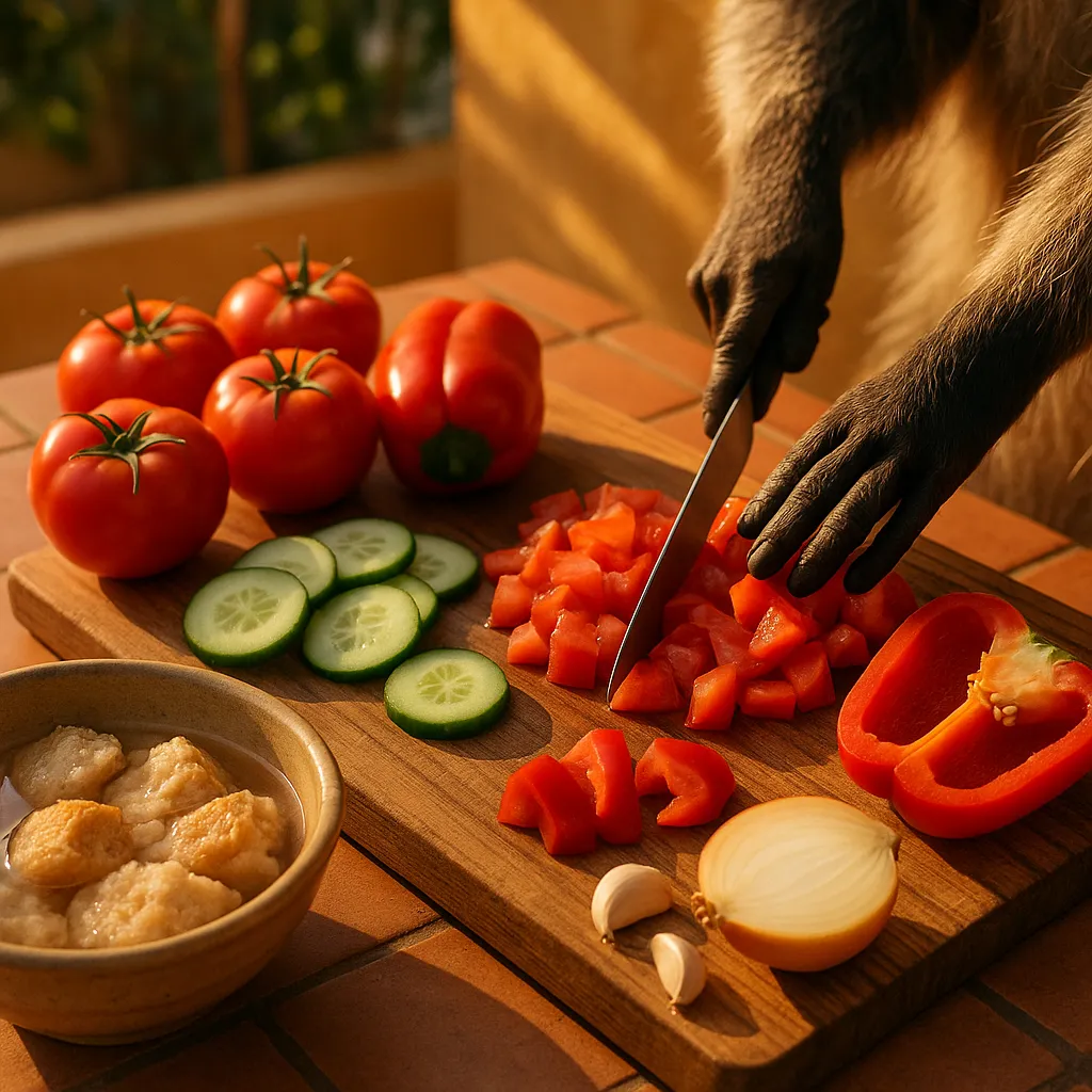 Spanish gazpacho preparation with ingredients