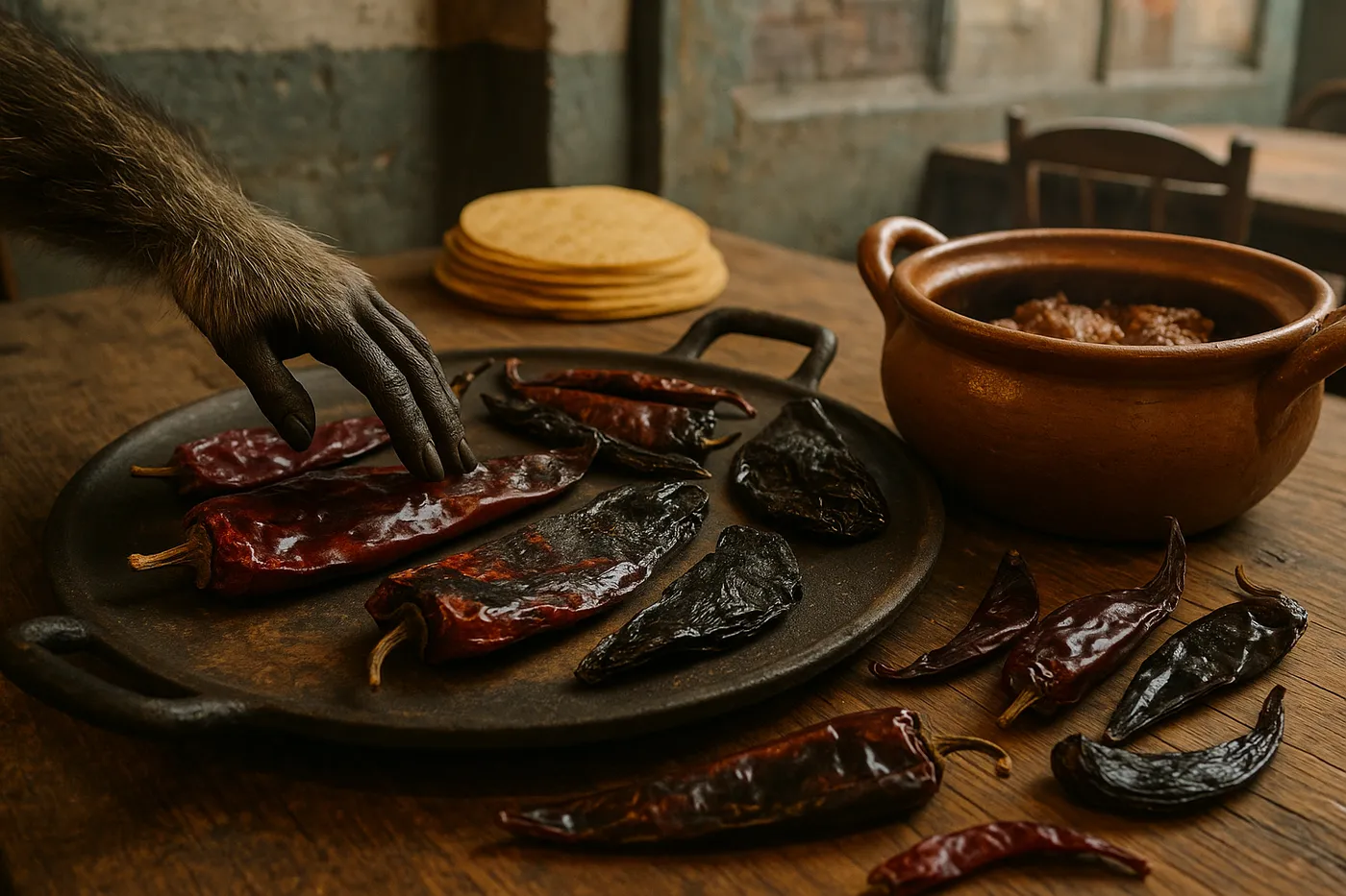 Toasting dried chiles on comal
