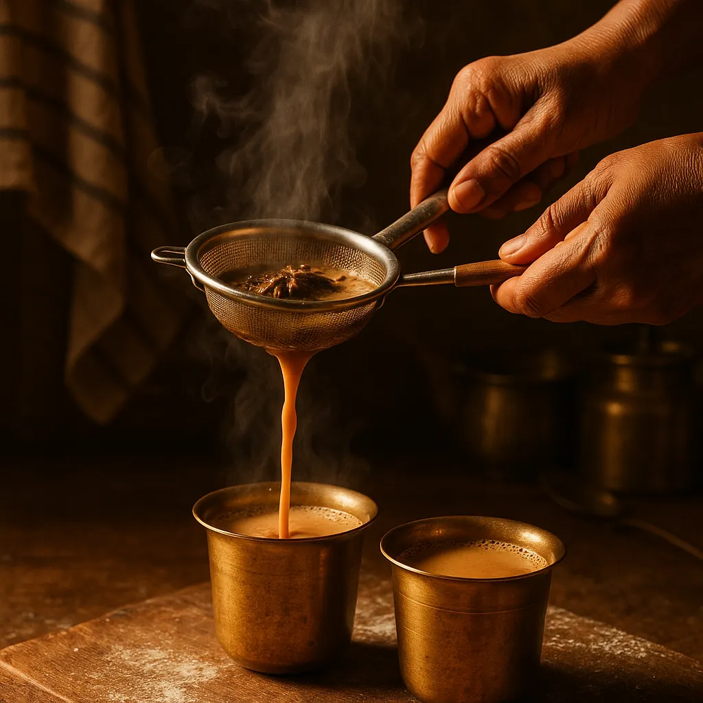 Process shot of chai being strained