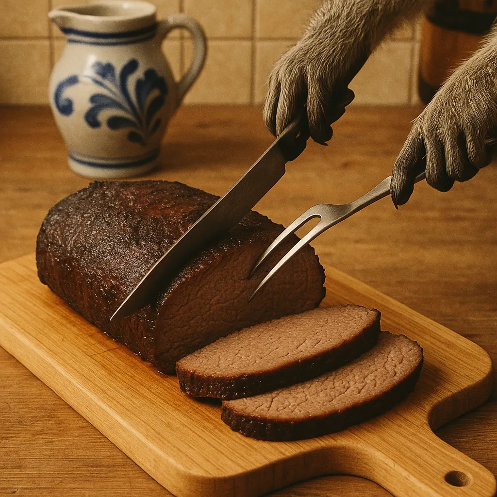 Slicing the finished sauerbraten