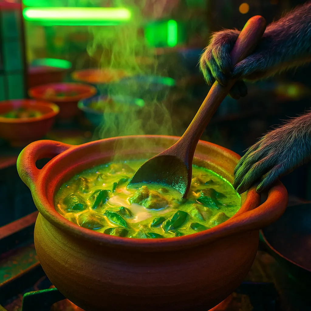 Steaming Thai green curry in traditional clay pot with fresh herbs