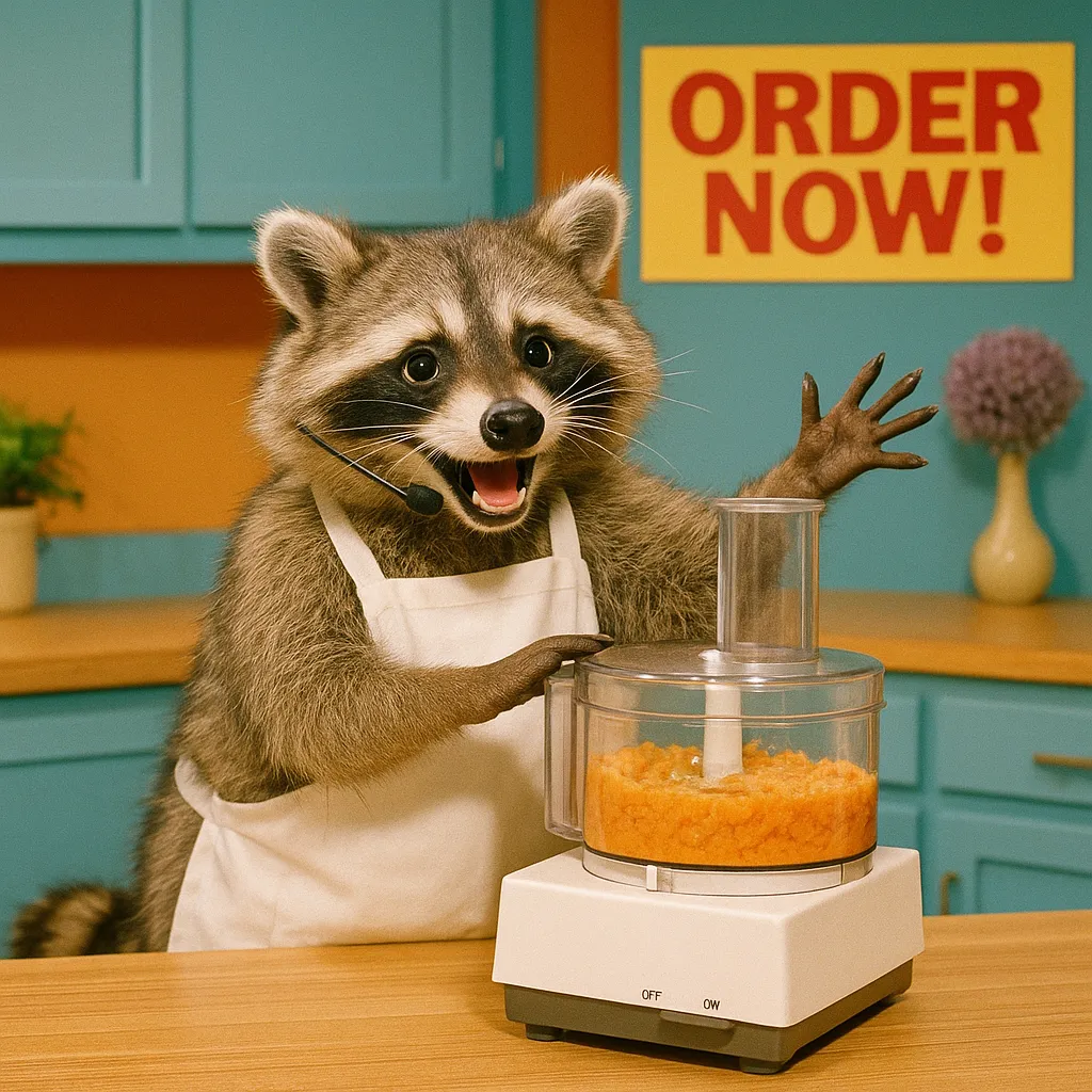 1990s_TV_infomercial_scene_with_a_cheerful_raccoon_wearing_a_tiny_headset_microphone_and_chef's_apron,_enthusiastically_demonstrating_a_retro_kitchen_appliance_(like_a_food_processor_or_blender)_on_a_.png (1024x1024) no ads