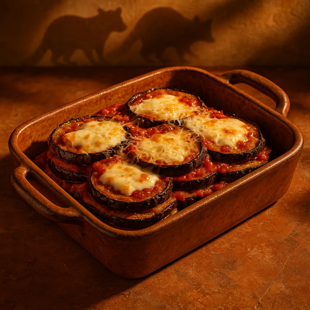 Layered eggplant parmigiana ready for baking