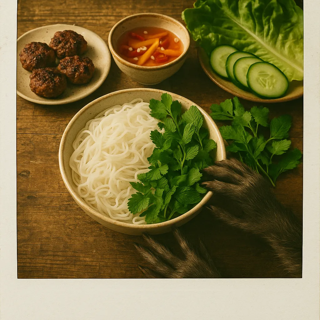 Final Bun Cha assembly with nuoc mam sauce